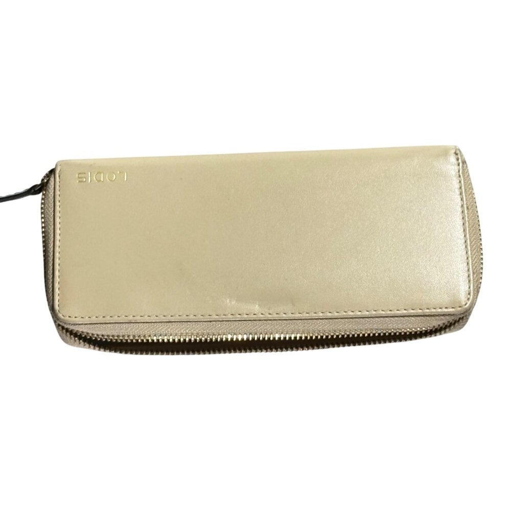 Lodis Beige Leather Zip-Around Long Continental Wallet With Gold Logo